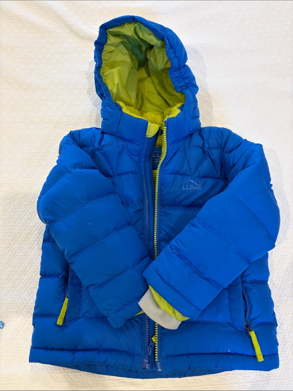 L.L. Bean Kids Bright Blue Hooded Puffer Jacket with Lime Accents